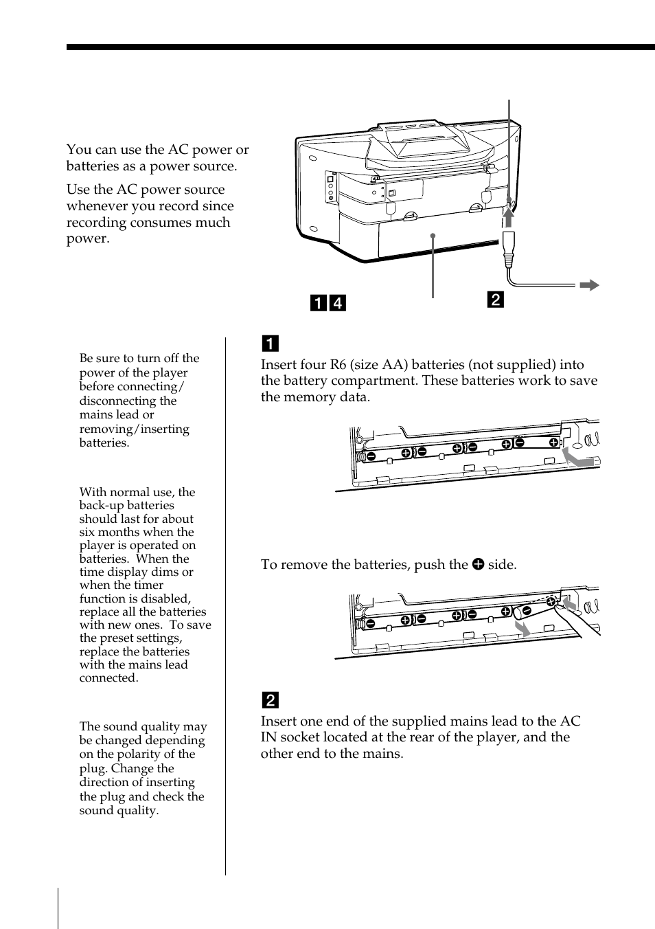 Setting up, Choosing the power sources | Sony ZS-D55 User Manual | Page 30 / 84