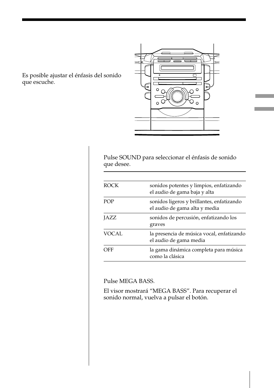 Énfasis de sonido, Selección del énfasis de sonido (sound/mega bass), Selección del énfasis de sonido | Sony ZS-D55 User Manual | Page 65 / 84