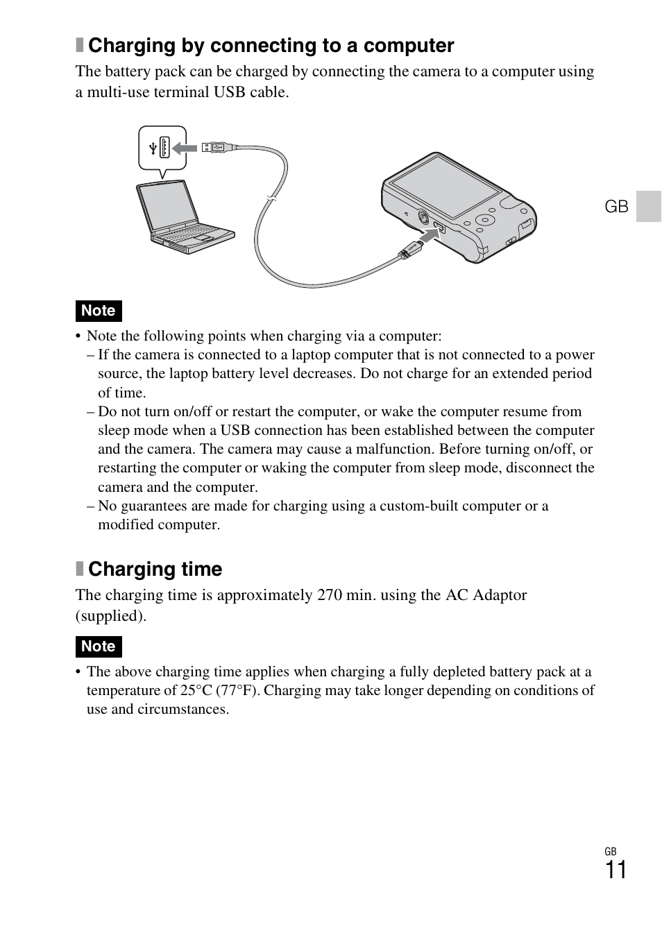 Xcharging by connecting to a computer, Xcharging time | Sony CYBER-SHOT DSC-HX7 User Manual | Page 11 / 56
