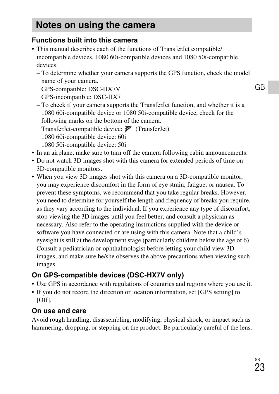 Notes on using the camera | Sony CYBER-SHOT DSC-HX7 User Manual | Page 23 / 56
