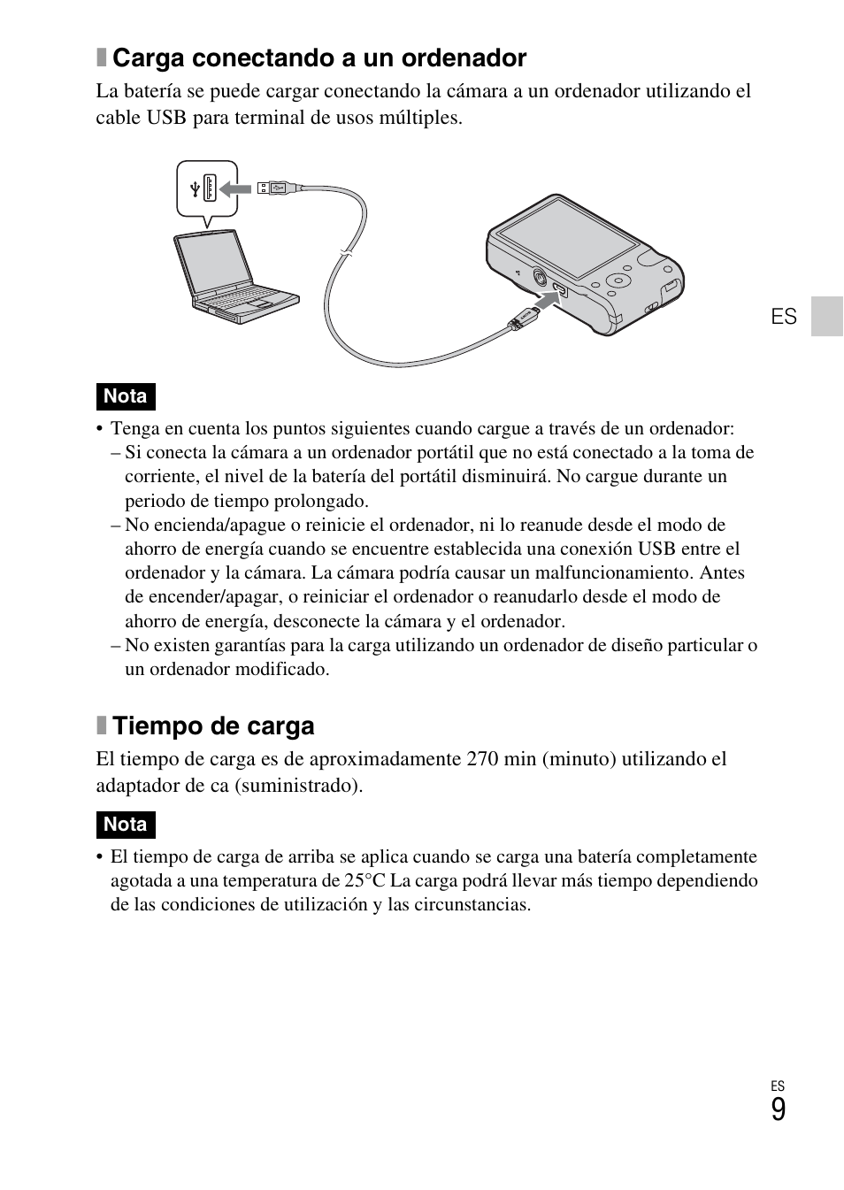 Xcarga conectando a un ordenador, Xtiempo de carga | Sony CYBER-SHOT DSC-HX7 User Manual | Page 37 / 56