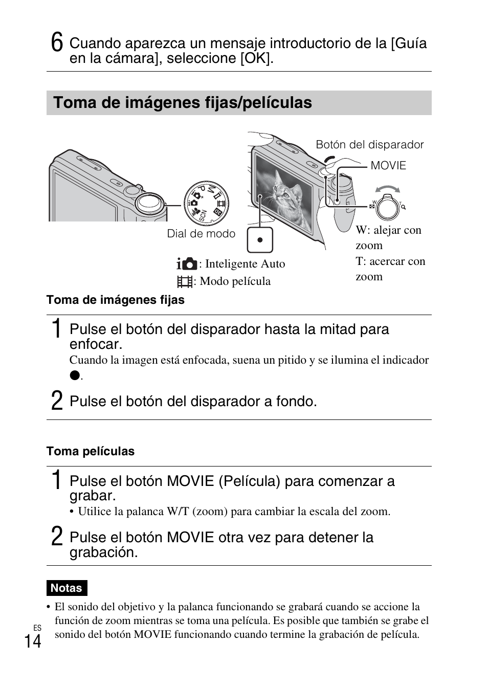 Toma de imágenes fijas/películas | Sony CYBER-SHOT DSC-HX7 User Manual | Page 42 / 56