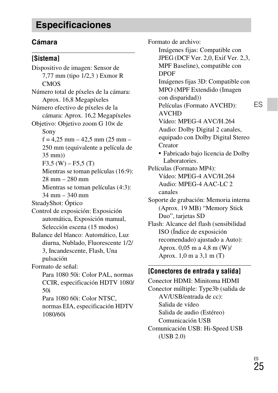 Especificaciones | Sony CYBER-SHOT DSC-HX7 User Manual | Page 53 / 56
