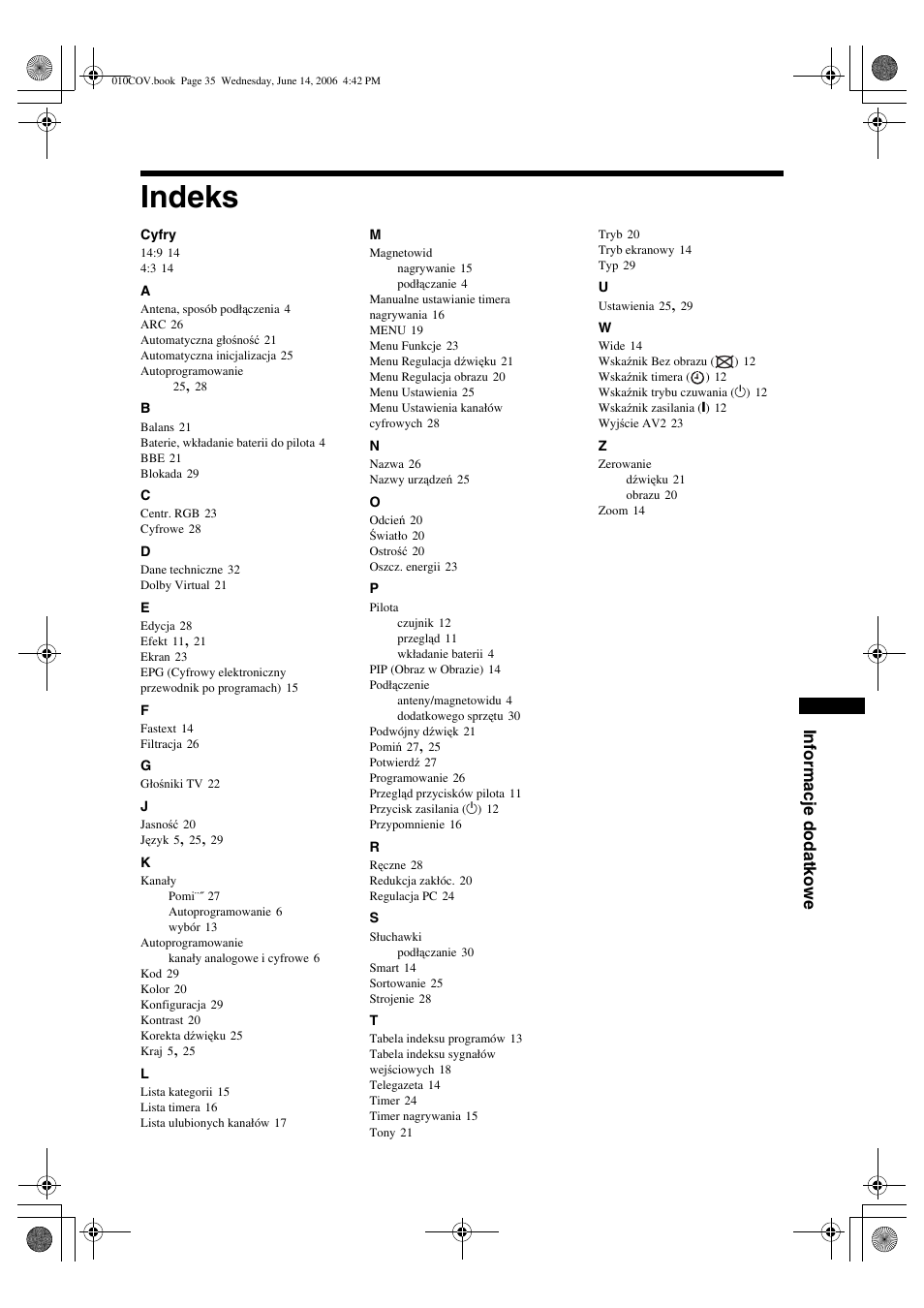 Indeks | Sony BRAVIA KDL-20S2000 User Manual | Page 103 / 103