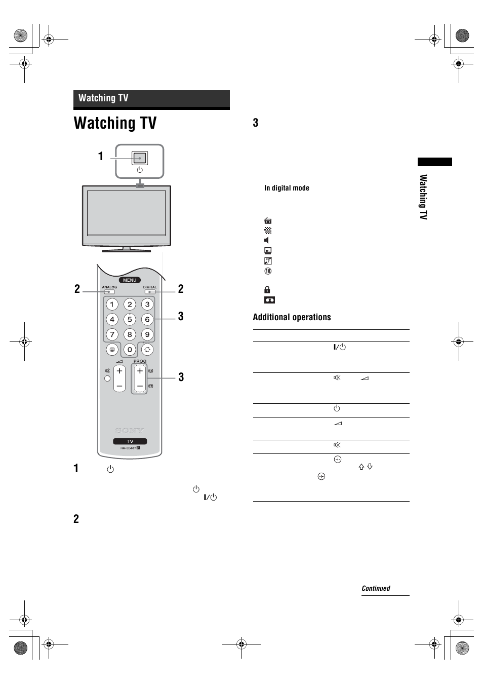 Watching tv | Sony BRAVIA KDL-20S2000 User Manual | Page 13 / 103