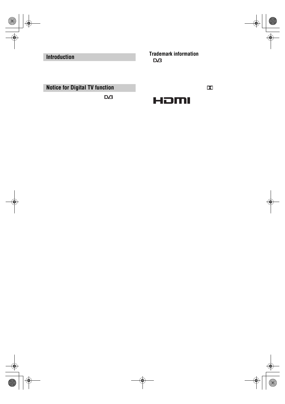 Introduction notice for digital tv function, Trademark information | Sony BRAVIA KDL-20S2000 User Manual | Page 2 / 103