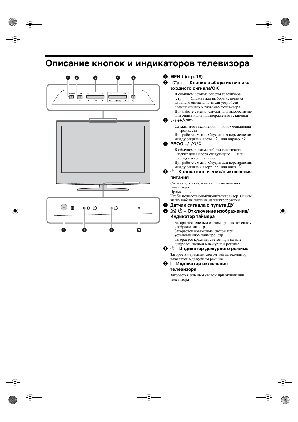 Описание кнопок и индикаторов телевизора | Sony BRAVIA KDL-20S2000 User Manual | Page 46 / 103