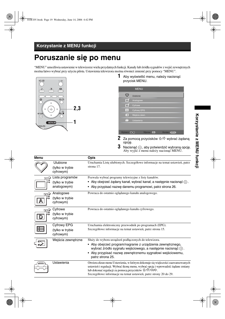 Poruszanie się po menu, Korzystanie z menu funkcji | Sony BRAVIA KDL-20S2000 User Manual | Page 87 / 103