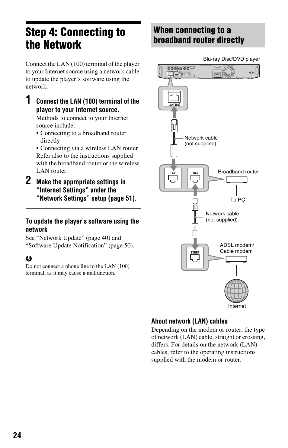 Step 4: connecting to the network, When connecting to a broadband router directly | Sony 3-452-775-11(1) User Manual | Page 24 / 71
