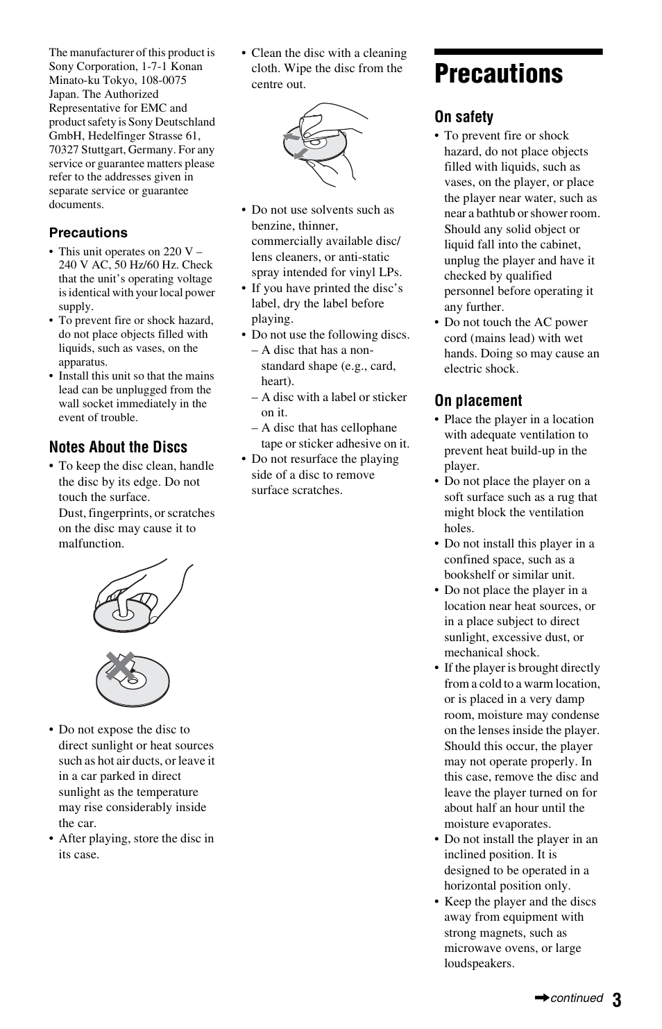 Precautions | Sony 3-452-775-11(1) User Manual | Page 3 / 71