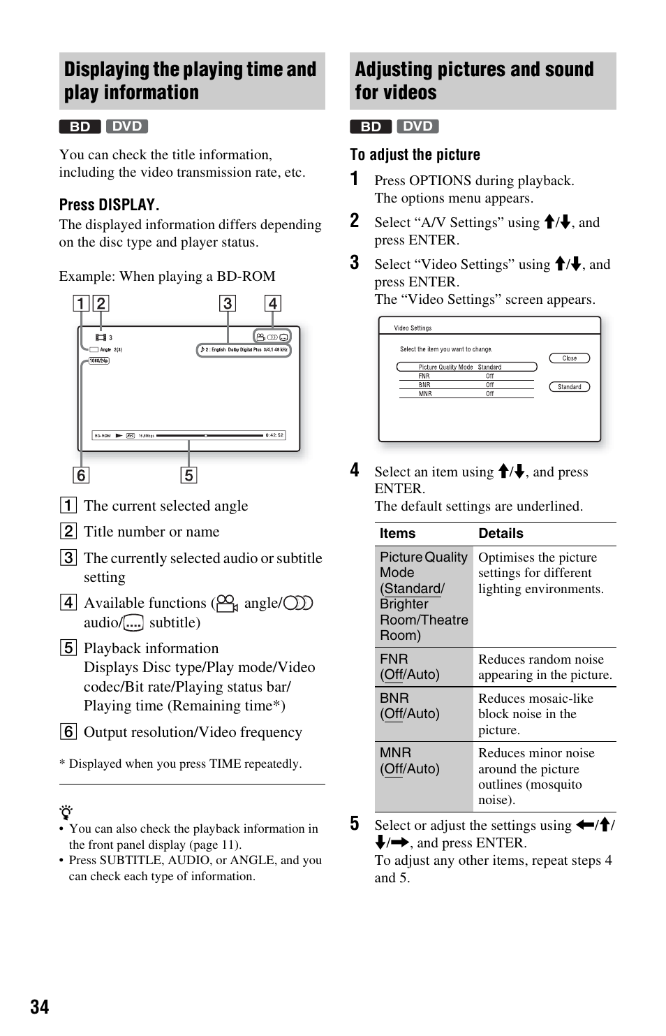 Displaying the playing time and play information, Adjusting pictures and sound for videos | Sony 3-452-775-11(1) User Manual | Page 34 / 71