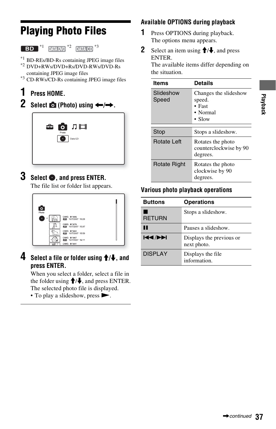 Playing photo files | Sony 3-452-775-11(1) User Manual | Page 37 / 71