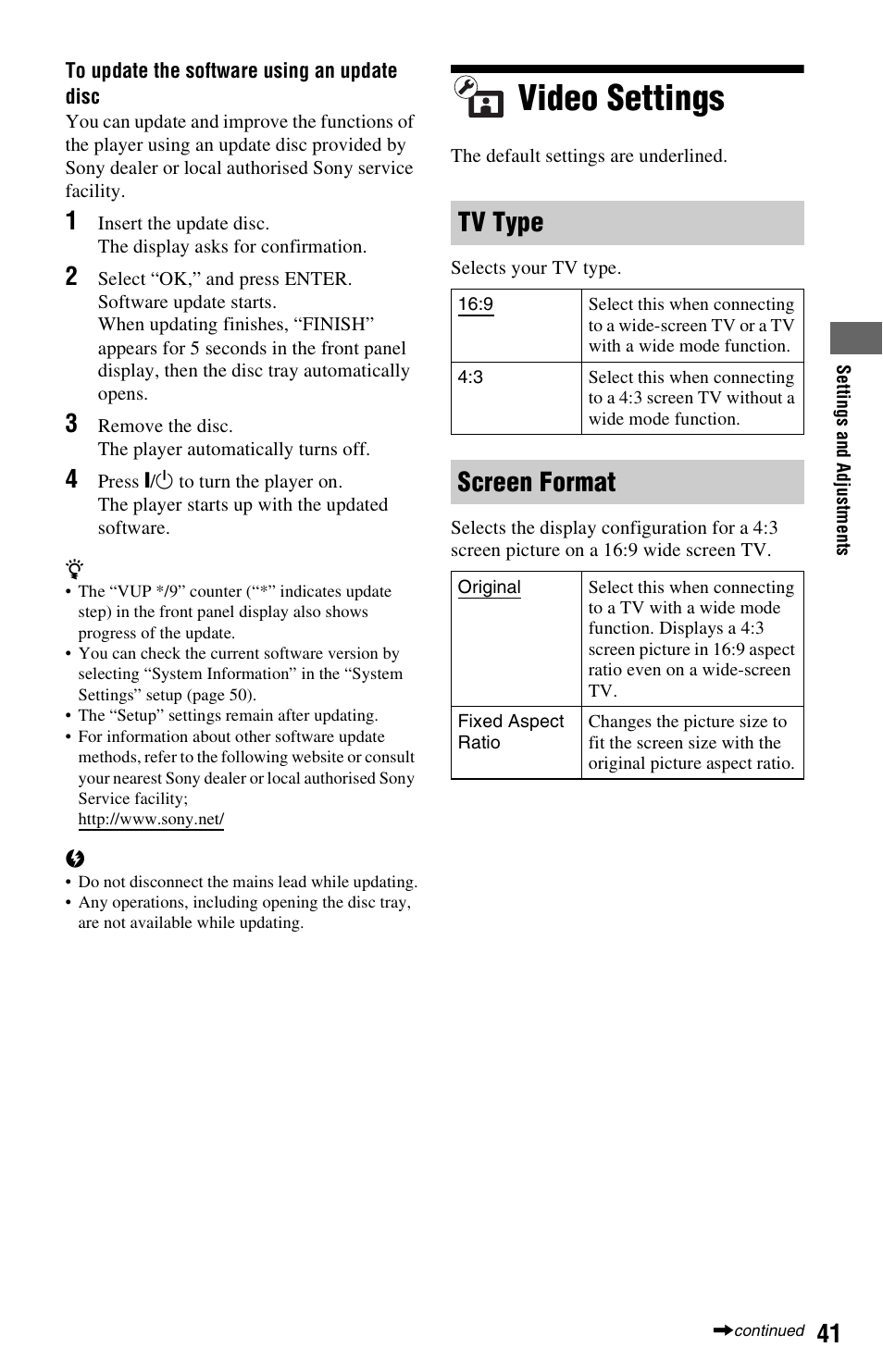 Video settings, Tv type, Screen format | Sony 3-452-775-11(1) User Manual | Page 41 / 71