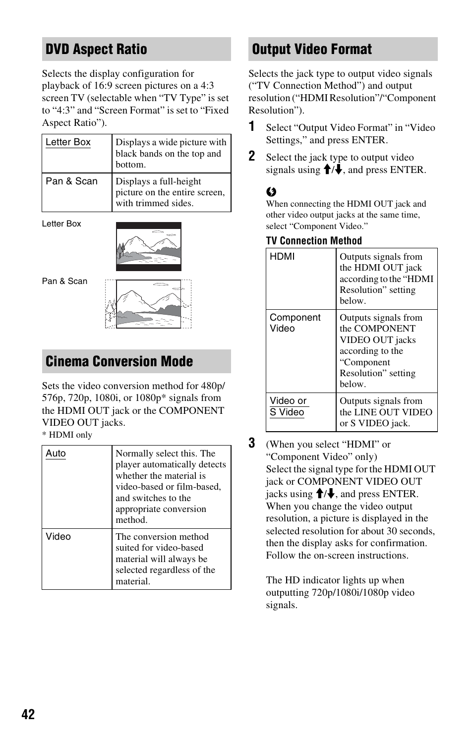 Dvd aspect ratio, Cinema conversion mode, Output video format | Sony 3-452-775-11(1) User Manual | Page 42 / 71