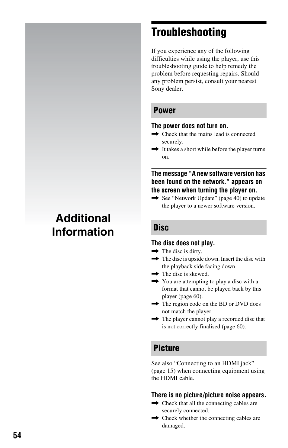Additional information, Troubleshooting, Additional information troubleshooting | Power disc picture | Sony 3-452-775-11(1) User Manual | Page 54 / 71