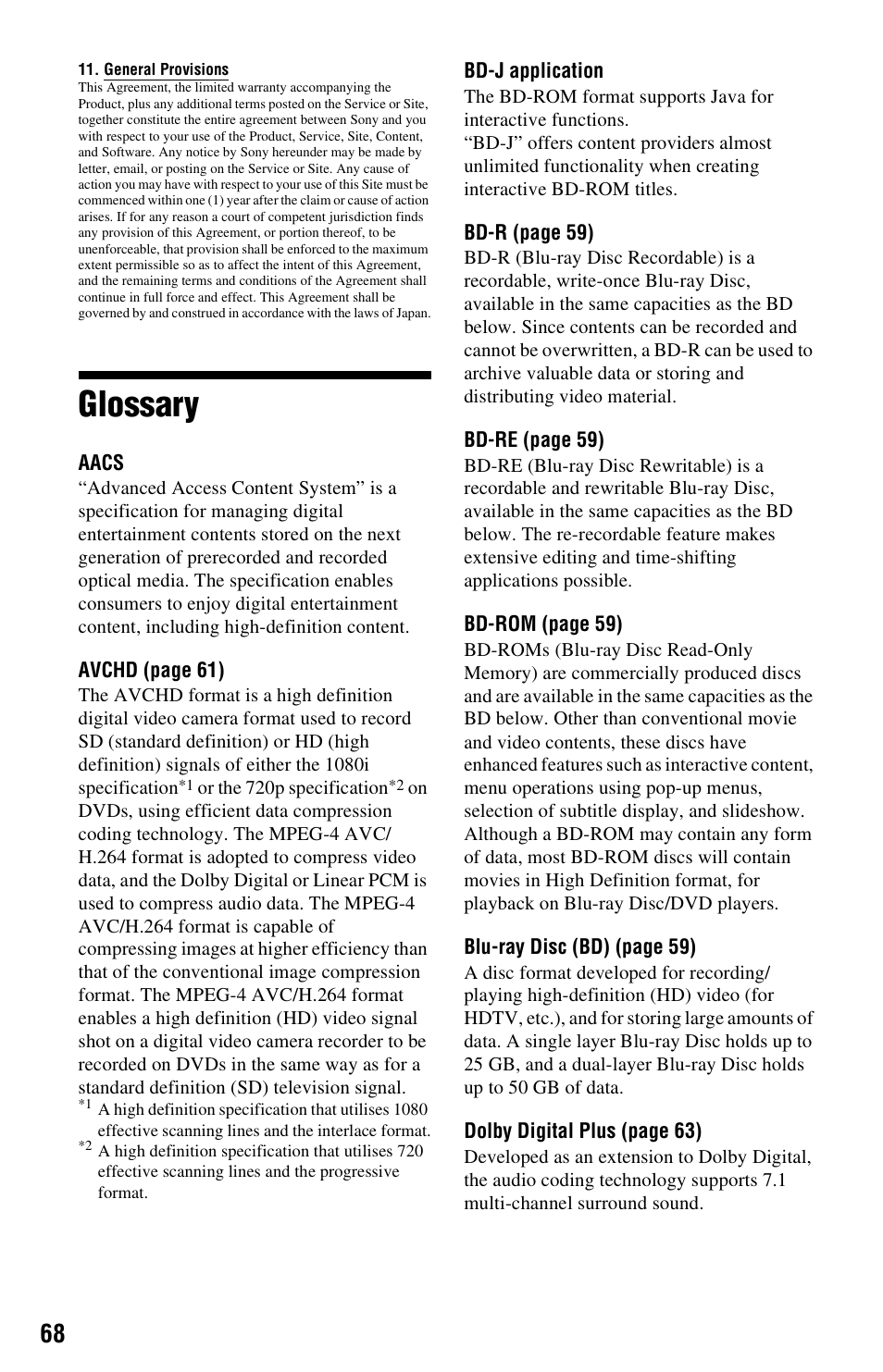 Glossary | Sony 3-452-775-11(1) User Manual | Page 68 / 71