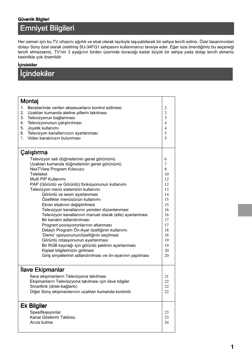 Emniyet bilgileri, Içindekiler | Sony FD Trinitron KV-34FQ75 D User Manual | Page 109 / 160