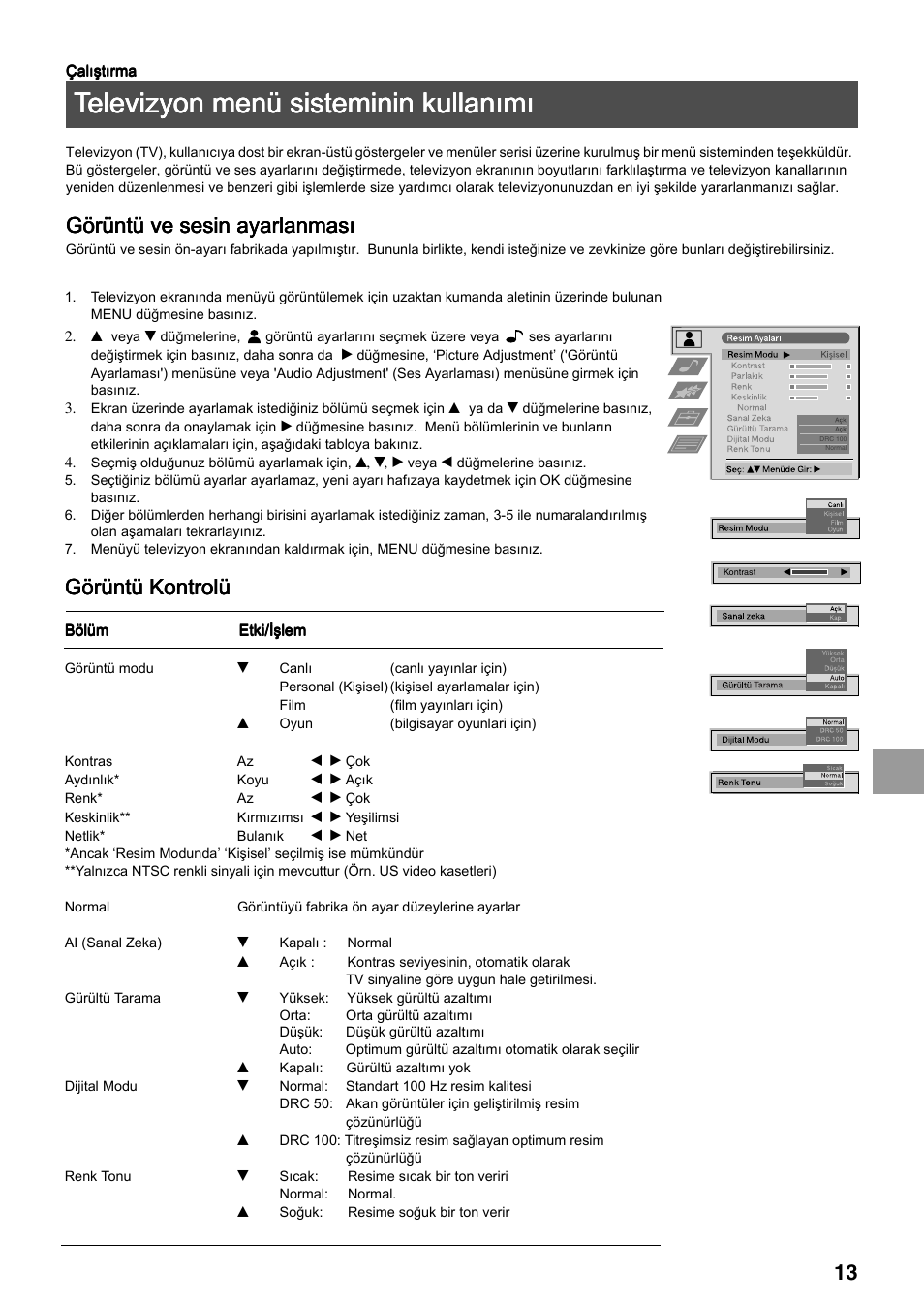 Televizyon menü sisteminin kullanõmõ, Görüntü ve sesin ayarlanmasõ, Görüntü kontrolü | Sony FD Trinitron KV-34FQ75 D User Manual | Page 121 / 160