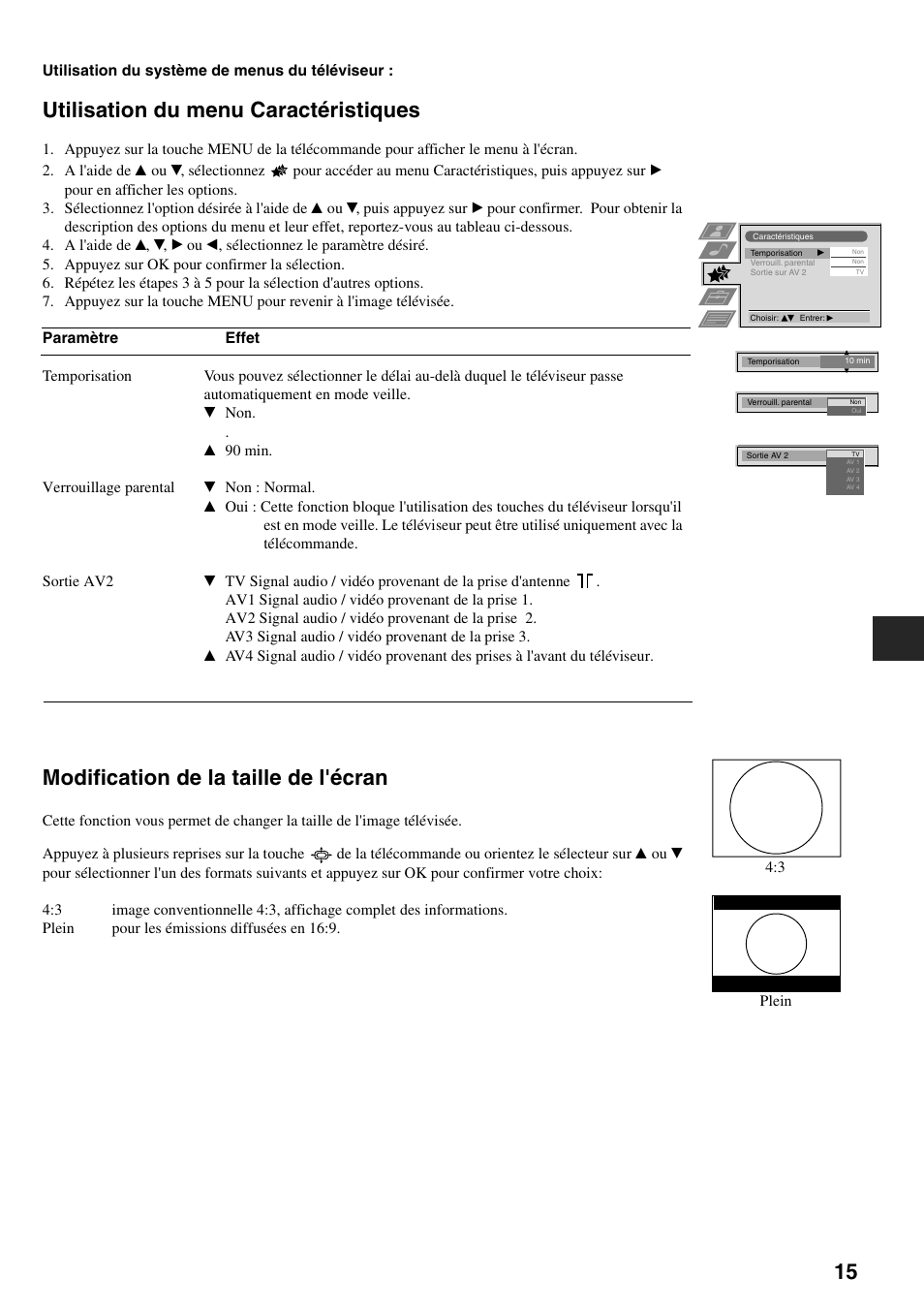 Utilisation du menu caractéristiques, Modification de la taille de l'écran | Sony FD Trinitron KV-34FQ75 D User Manual | Page 45 / 160