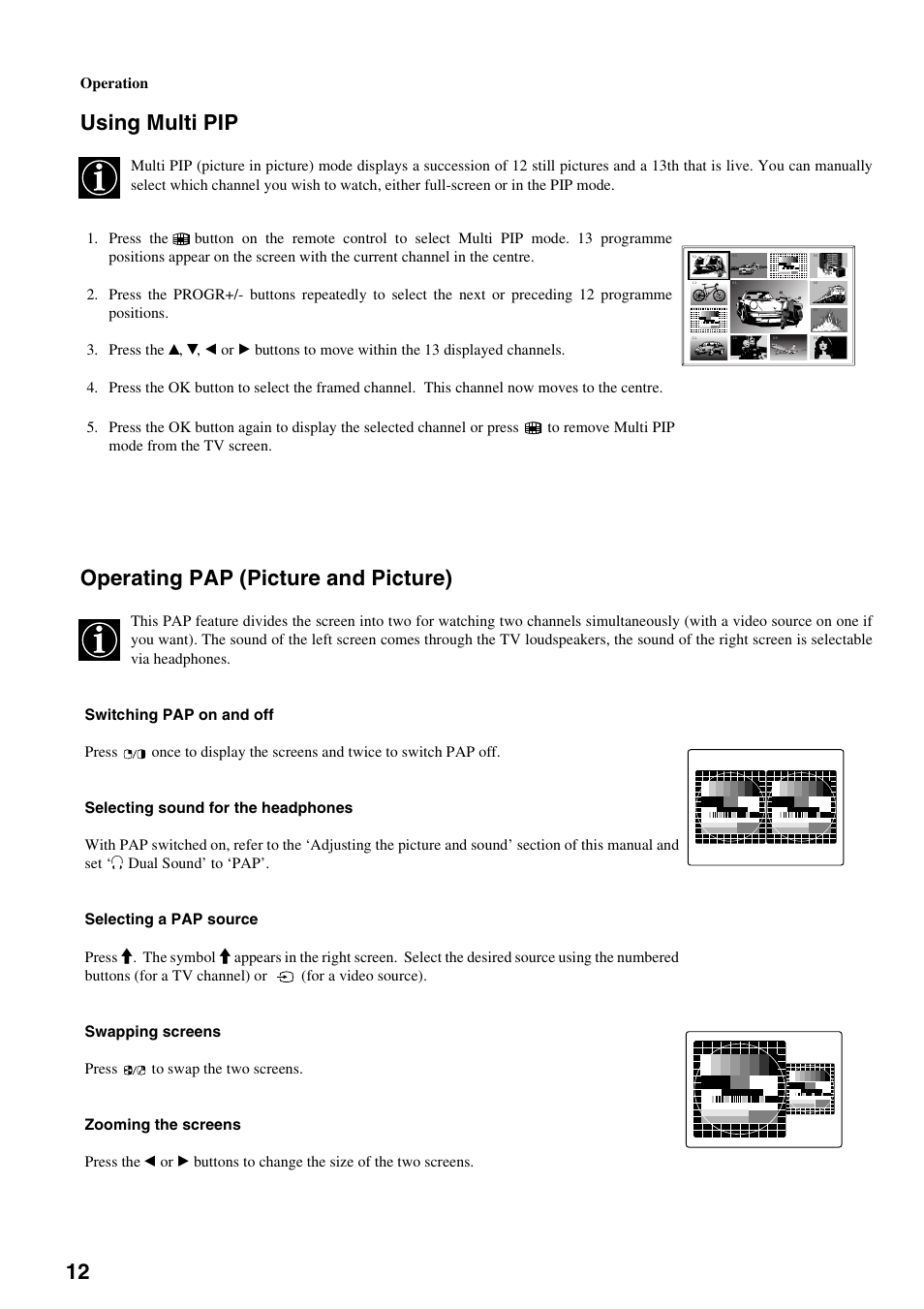 Using multi pip, Operating pap (picture and picture) | Sony FD Trinitron KV-34FQ75 D User Manual | Page 68 / 160