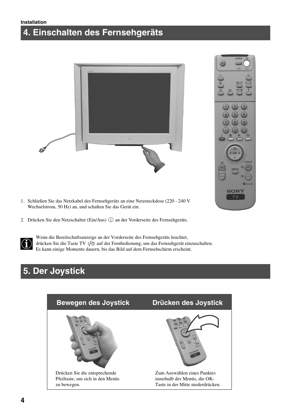 Einschalten des fernsehgeräts 5. der joystick, Bewegen des joystick drücken des joystick | Sony FD Trinitron KV-34FQ75 D User Manual | Page 8 / 160