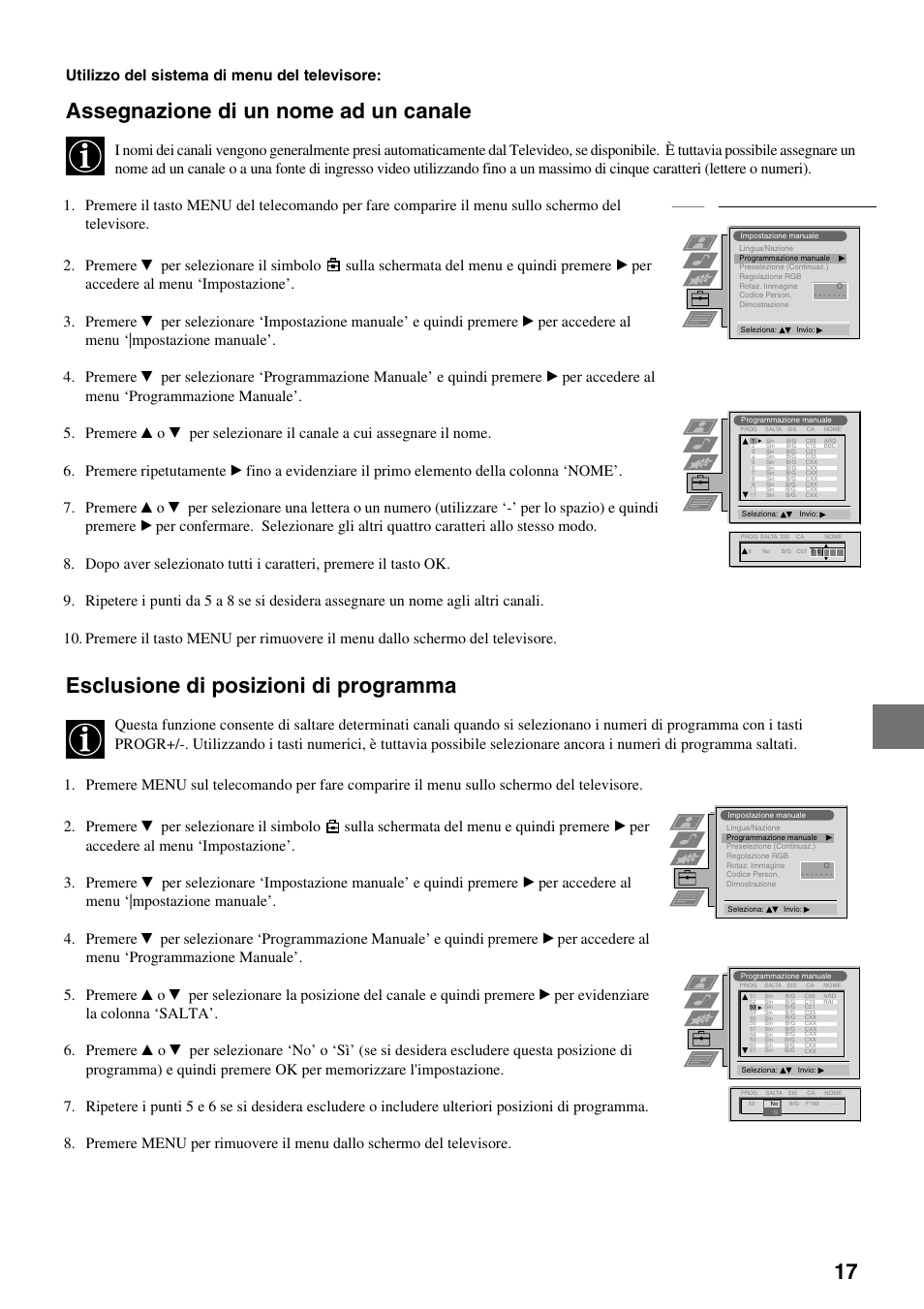 Assegnazione di un nome ad un canale, Esclusione di posizioni di programma, Utilizzo del sistema di menu del televisore | Sony FD Trinitron KV-34FQ75 D User Manual | Page 99 / 160