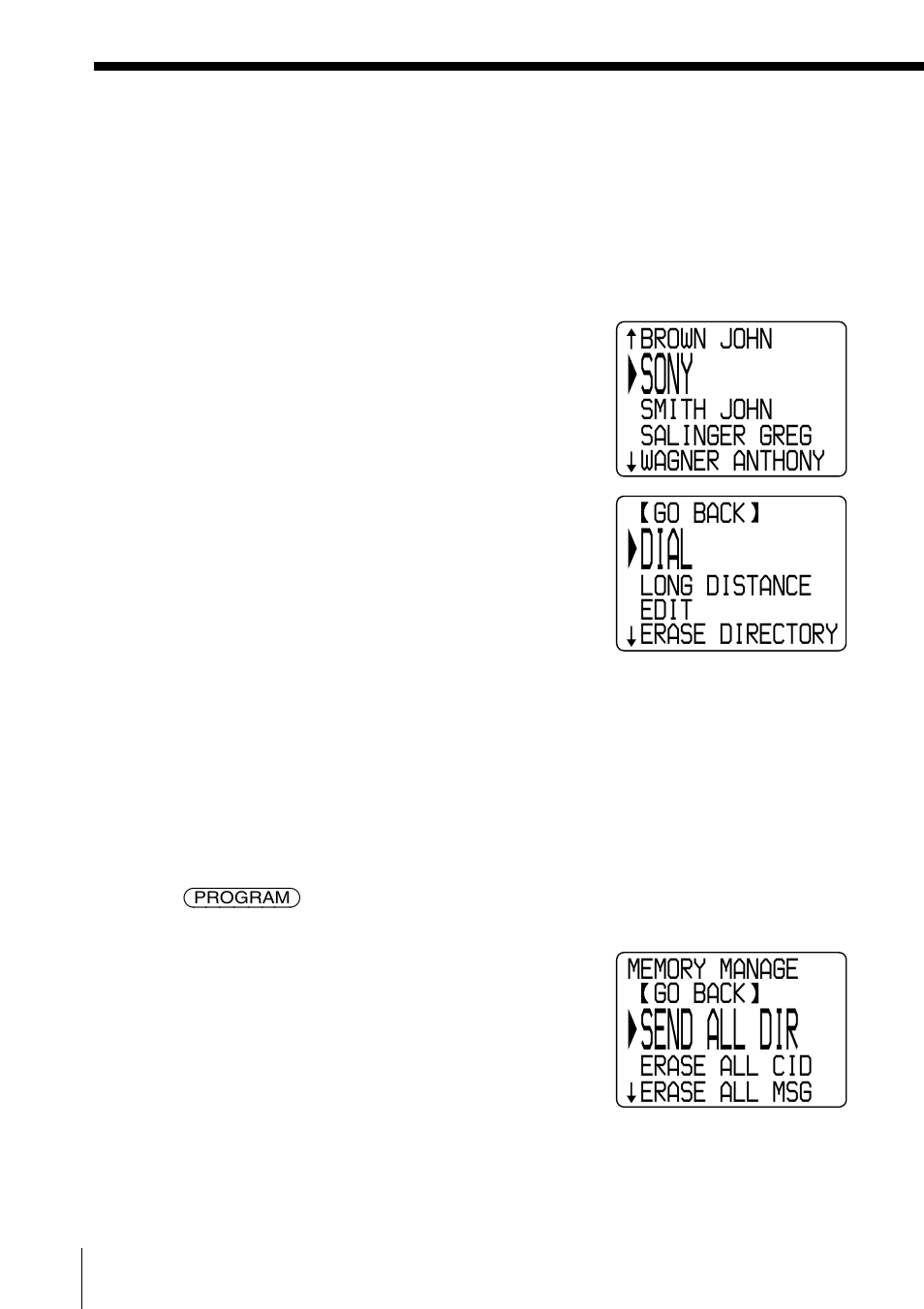 Transferring the phone directory memory, Sony, Dial | Send all dir | Sony SPP-A9276 User Manual | Page 48 / 96