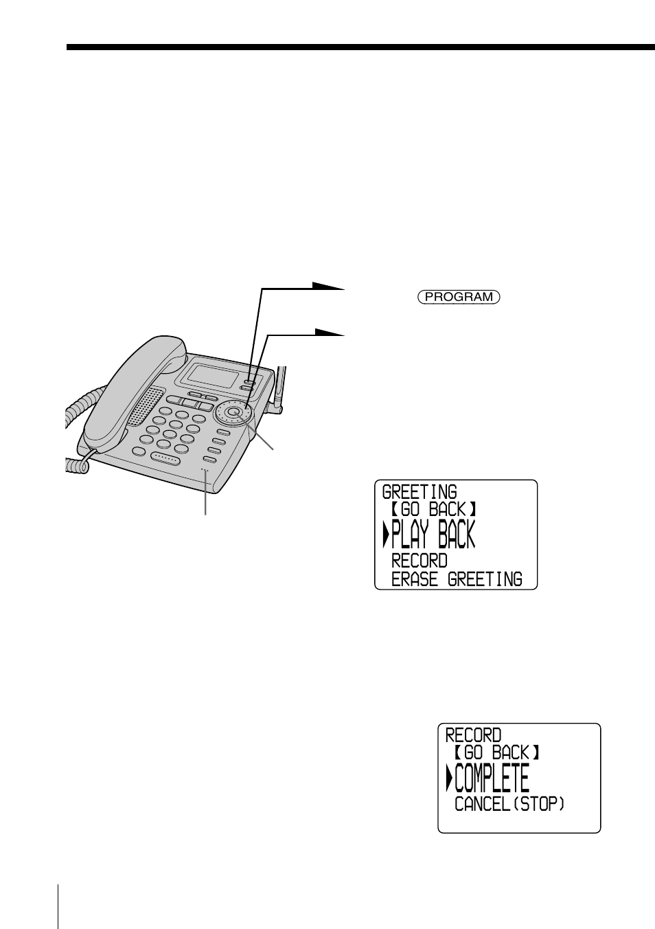 Recording the greeting, Play back, Complete | Sony SPP-A9276 User Manual | Page 56 / 96