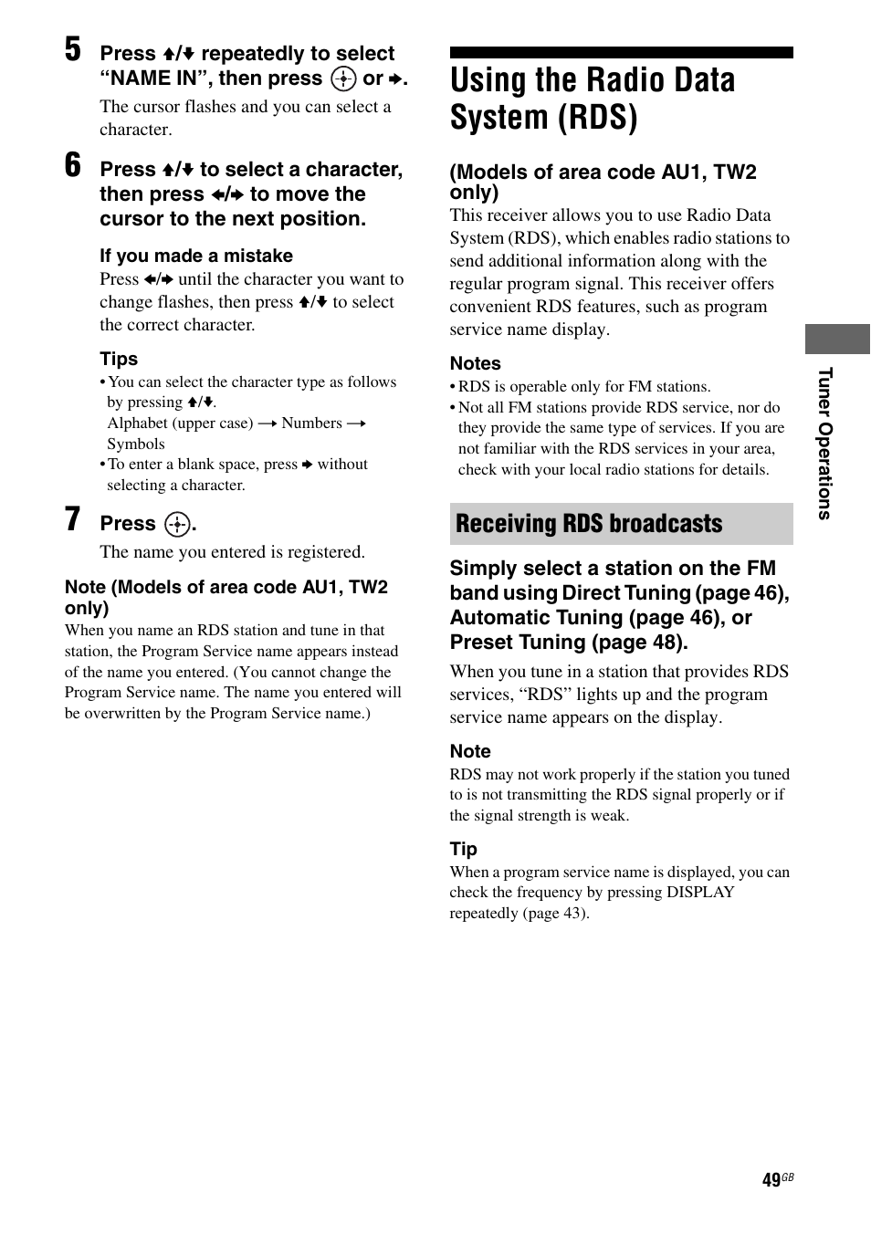 Using the radio data system (rds), Models of area code au1, tw2 only), Receiving rds broadcasts | Sony STR-DH710 User Manual | Page 49 / 100