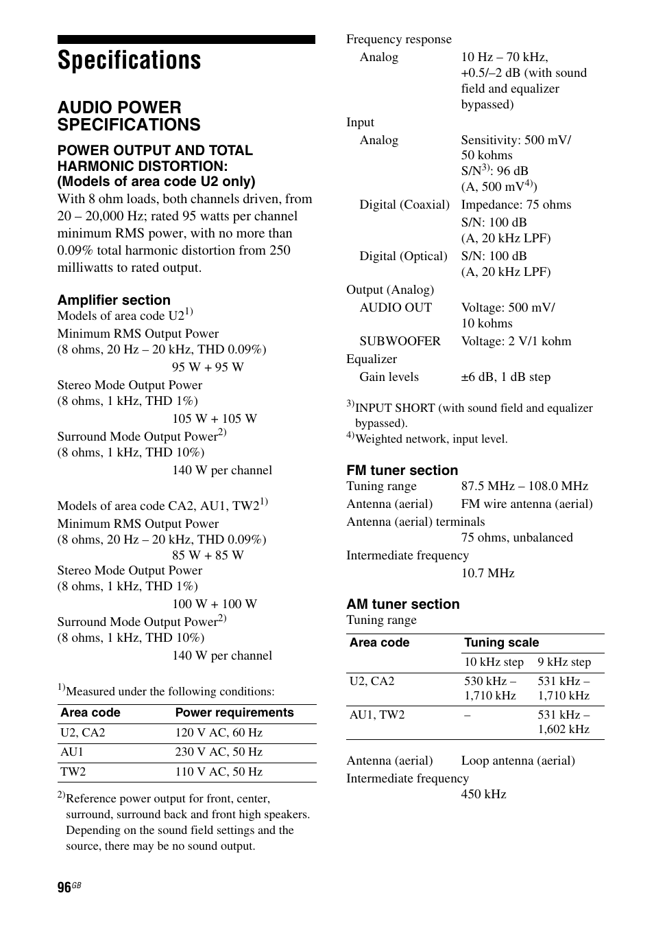 Specifications, Audio power specifications | Sony STR-DH710 User Manual | Page 96 / 100