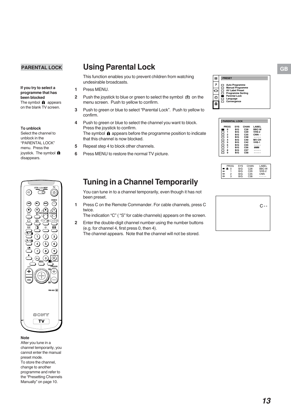 Using parental lock, Tuning in a channel temporarily, Parental lock | Sony KP-41S4G User Manual | Page 13 / 50