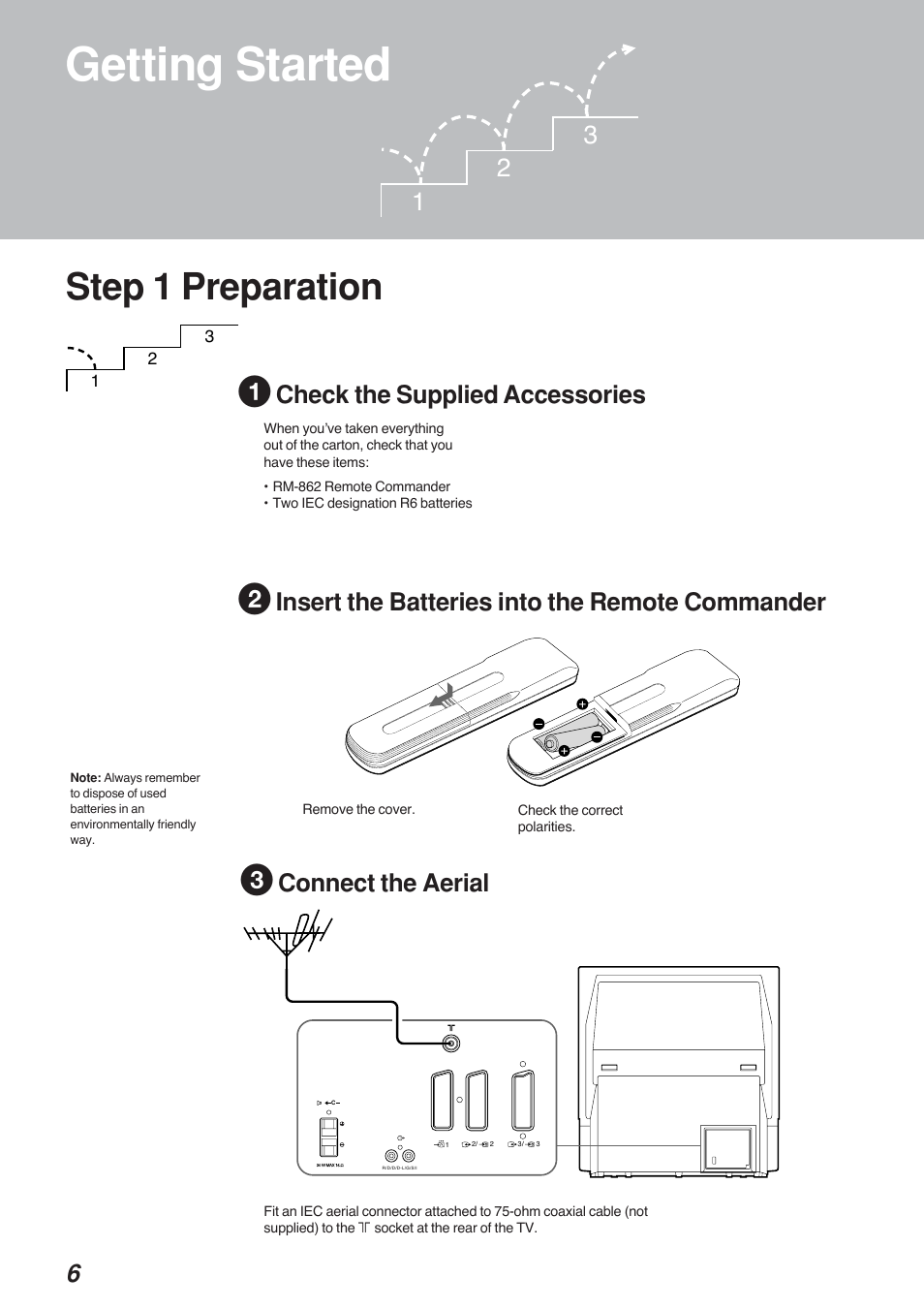 Getting started, Step 1 preparation, Check the supplied accessories | Insert the batteries into the remote commander, Connect the aerial | Sony KP-41S4G User Manual | Page 6 / 50