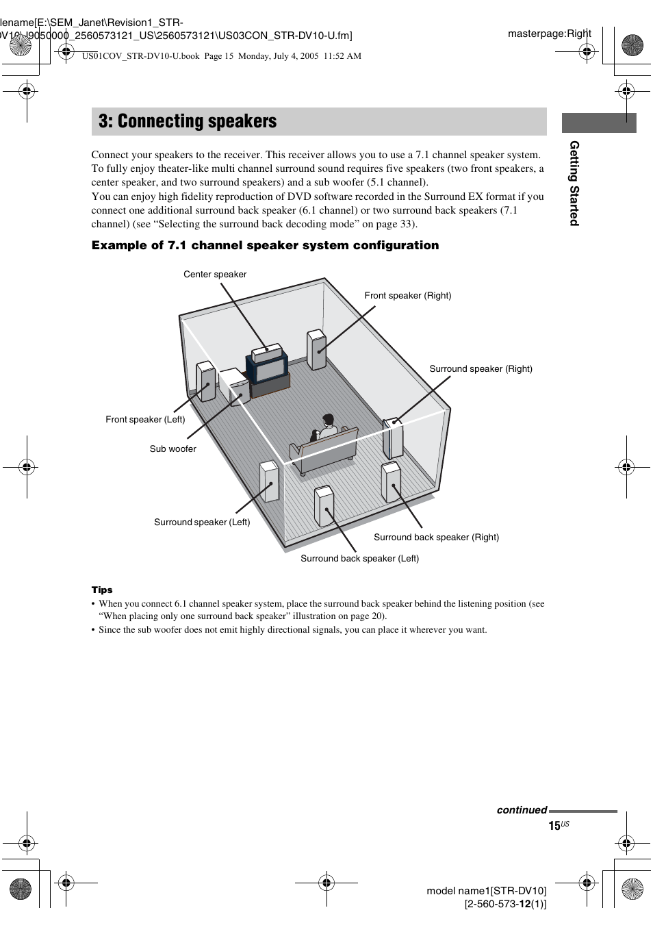 Connecting speakers | Sony STR-DV10 User Manual | Page 15 / 56