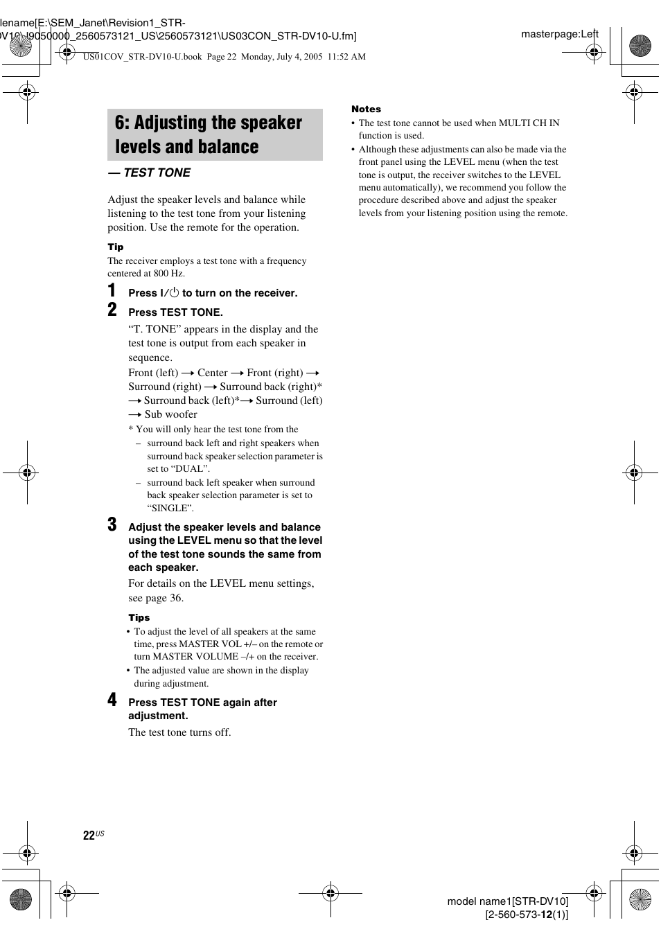 Adjusting the speaker levels and balance, Test tone, Adjusting the speaker levels and | Balance — test tone | Sony STR-DV10 User Manual | Page 22 / 56