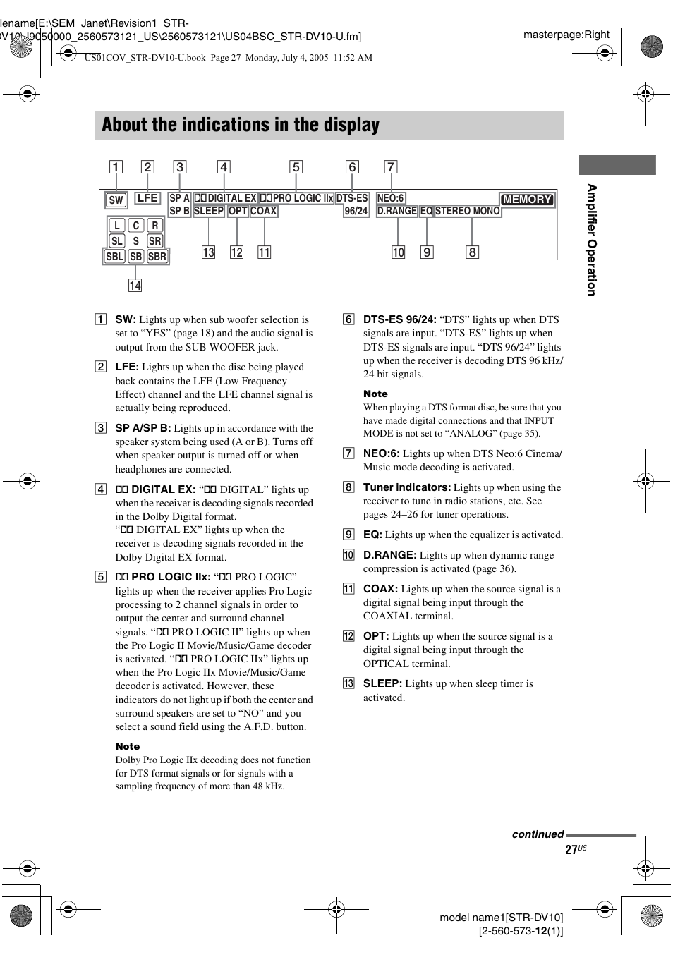 About the indications in the display | Sony STR-DV10 User Manual | Page 27 / 56
