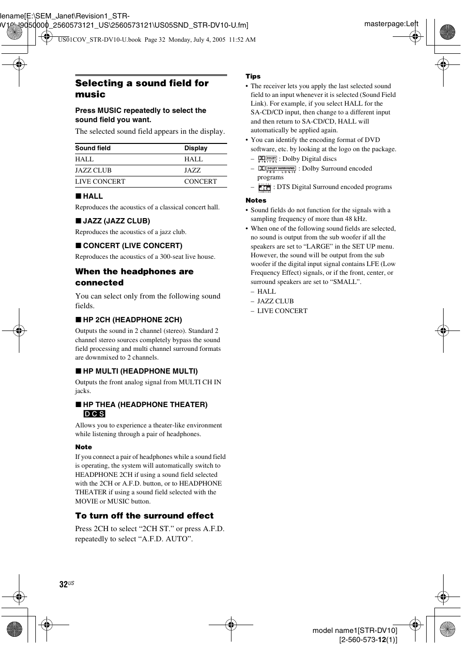 Selecting a sound field for music | Sony STR-DV10 User Manual | Page 32 / 56