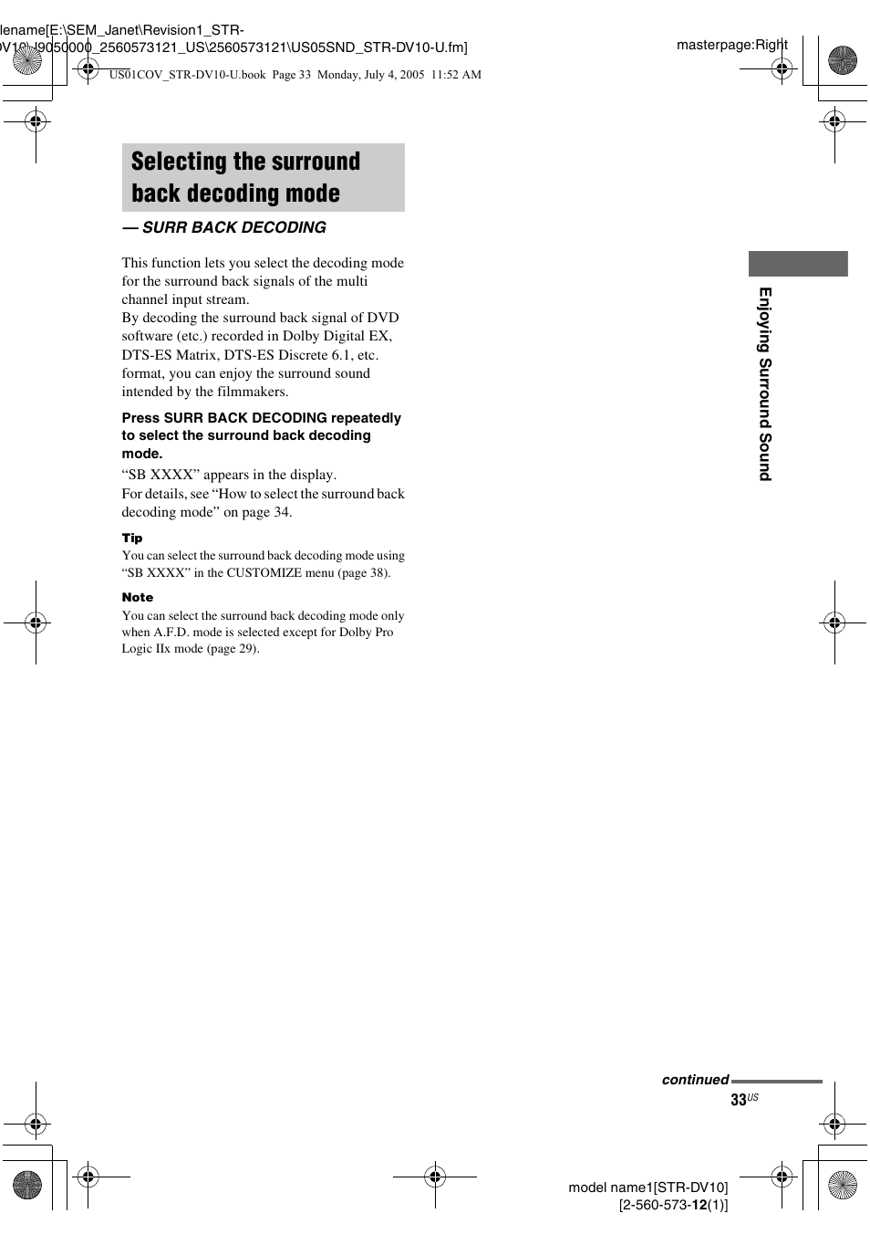 Selecting the surround back decoding mode, Surr back decoding, Selecting the surround back decoding | Mode — surr back decoding | Sony STR-DV10 User Manual | Page 33 / 56