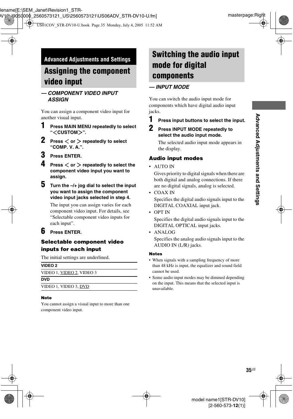 Advanced adjustments and settings, Assigning the component video input, Component video input assign | Input mode, Assigning the component video, Input — component video input assign, Switching the audio input mode for, Digital components — input mode | Sony STR-DV10 User Manual | Page 35 / 56