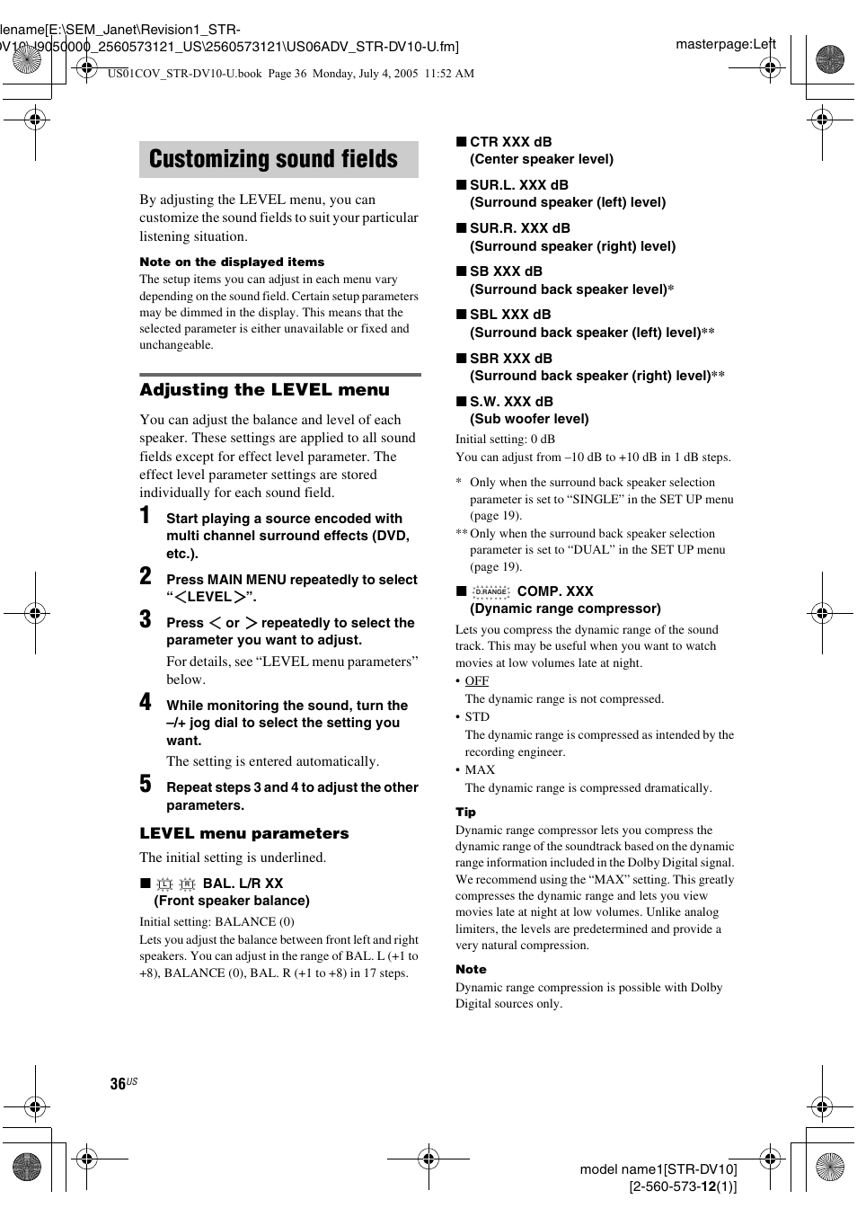 Customizing sound fields, Adjusting the level menu | Sony STR-DV10 User Manual | Page 36 / 56