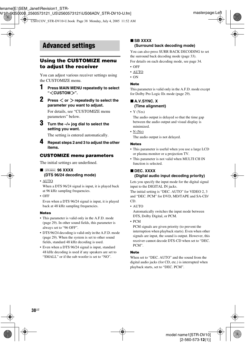 Advanced settings, Using the customize menu to adjust the receiver | Sony STR-DV10 User Manual | Page 38 / 56