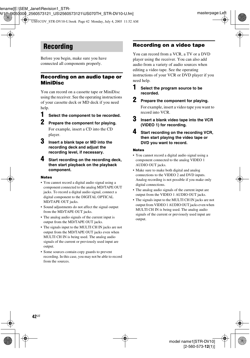 Recording | Sony STR-DV10 User Manual | Page 42 / 56