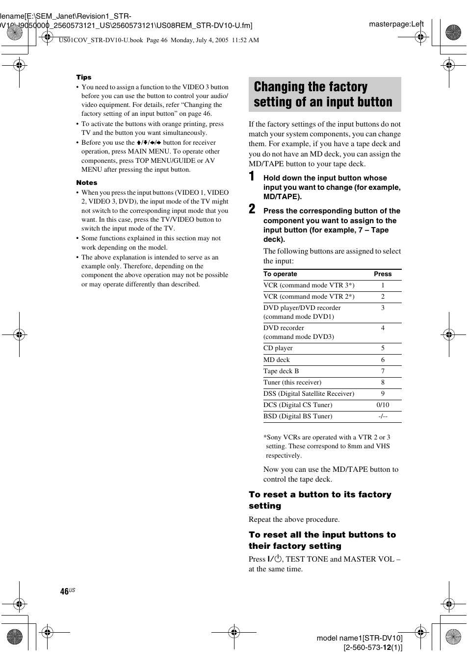 Changing the factory setting of an input button, Changing the factory setting of an, Input button | Sony STR-DV10 User Manual | Page 46 / 56