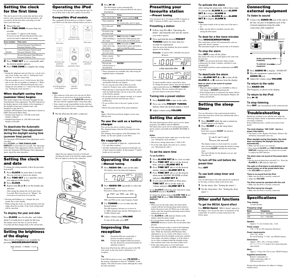 Setting the clock for the first time, Setting the clock and date, Setting the brightness of the display | Troubleshooting, Specifications, Operating the ipod, Operating the radio, Improving the reception, Presetting your favourite station, Setting the alarm | Sony ICF-C1iP User Manual | Page 2 / 2