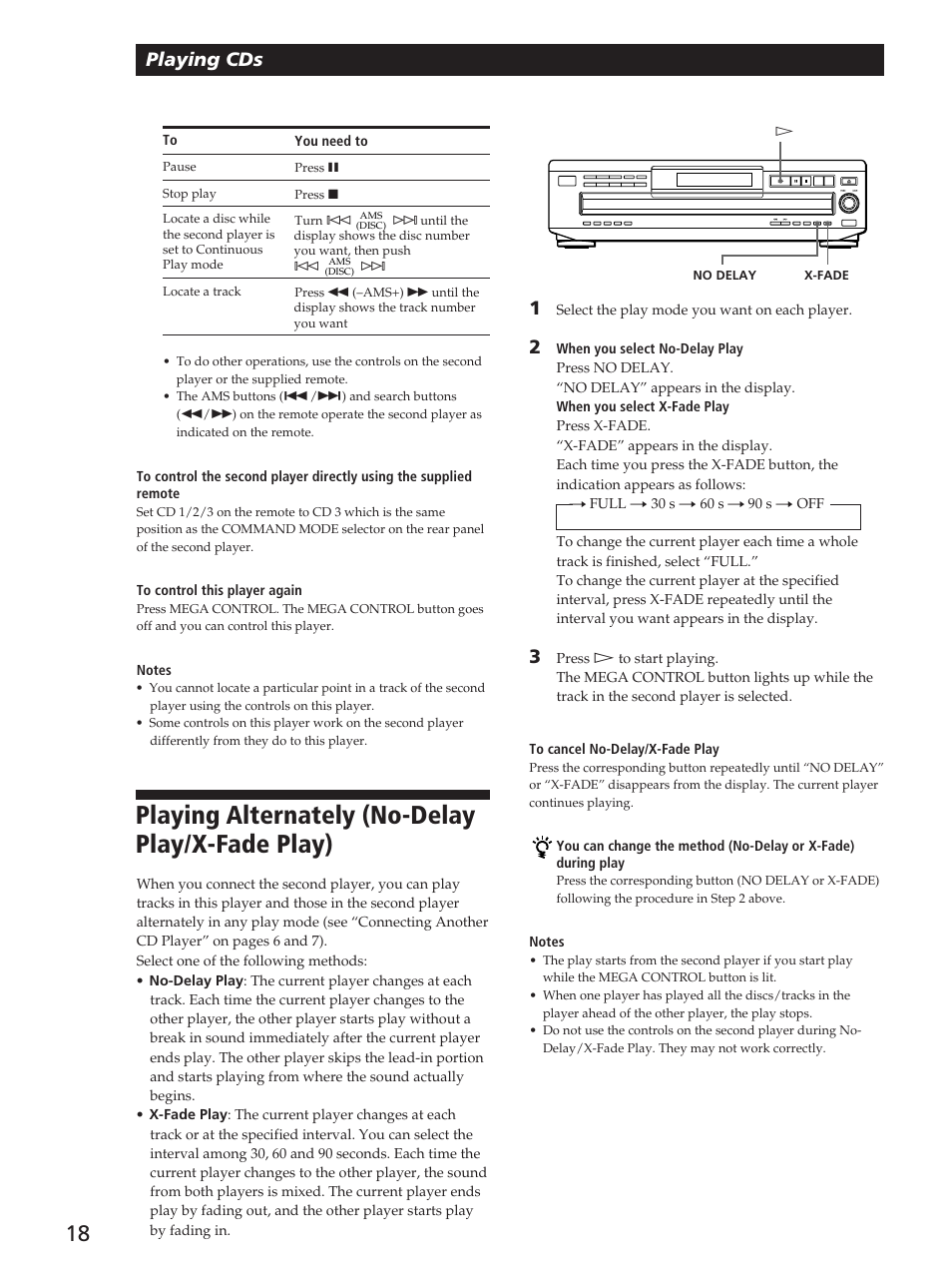 Playing alternately (no-delay play/x-fade play), Playing cds | Sony CDP-C360Z User Manual | Page 18 / 24