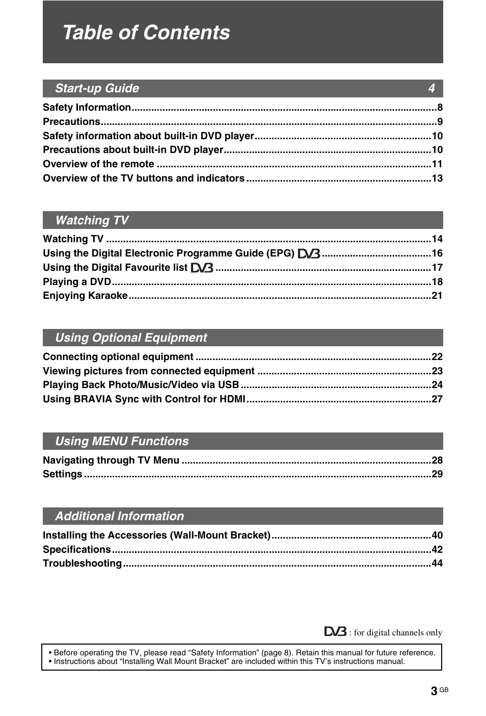 Sony KDL-22CX32D User Manual | Page 3 / 48