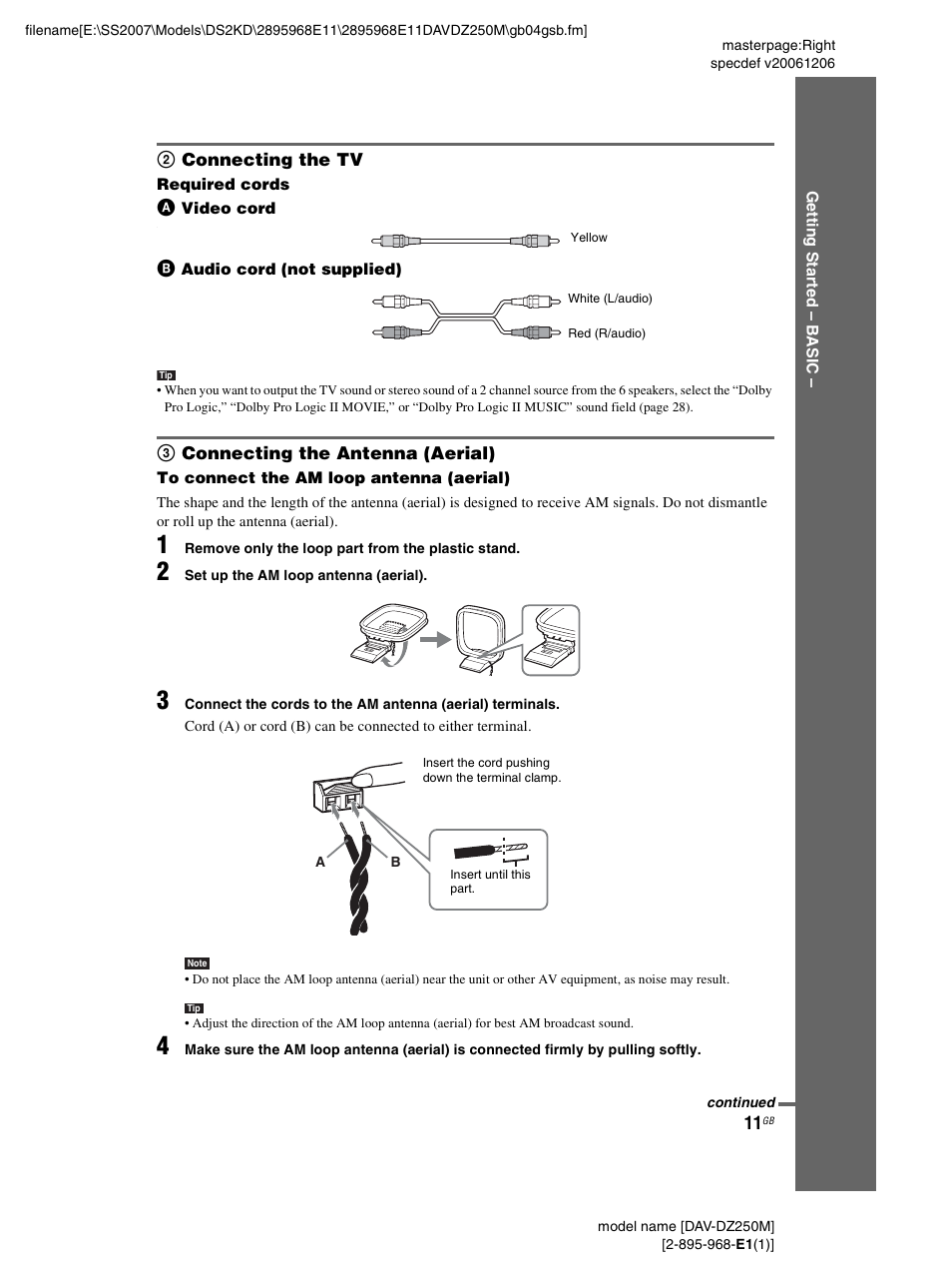 2 connecting the tv, 3 connecting the antenna (aerial) | Sony DAV-DZ250M User Manual | Page 11 / 104