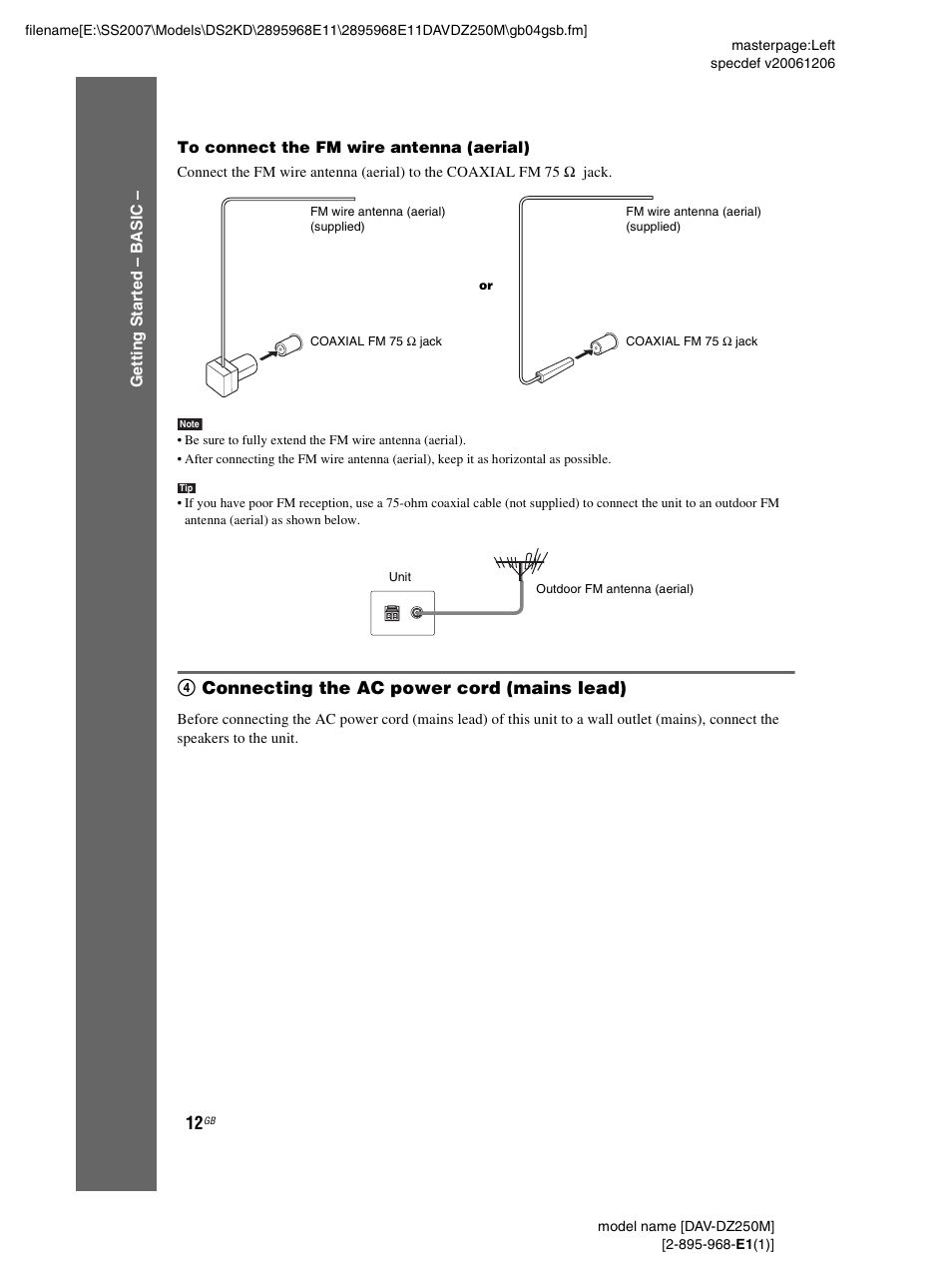 4 connecting the ac power cord (mains lead) | Sony DAV-DZ250M User Manual | Page 12 / 104
