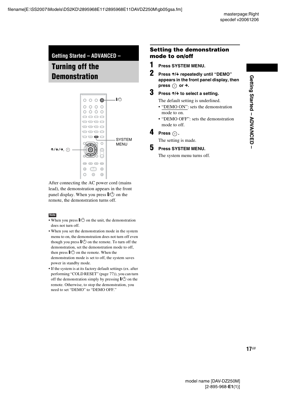 Getting started - advanced, Turning off the demonstration, Setting the demonstration mode to on/off | Getting started – advanced | Sony DAV-DZ250M User Manual | Page 17 / 104