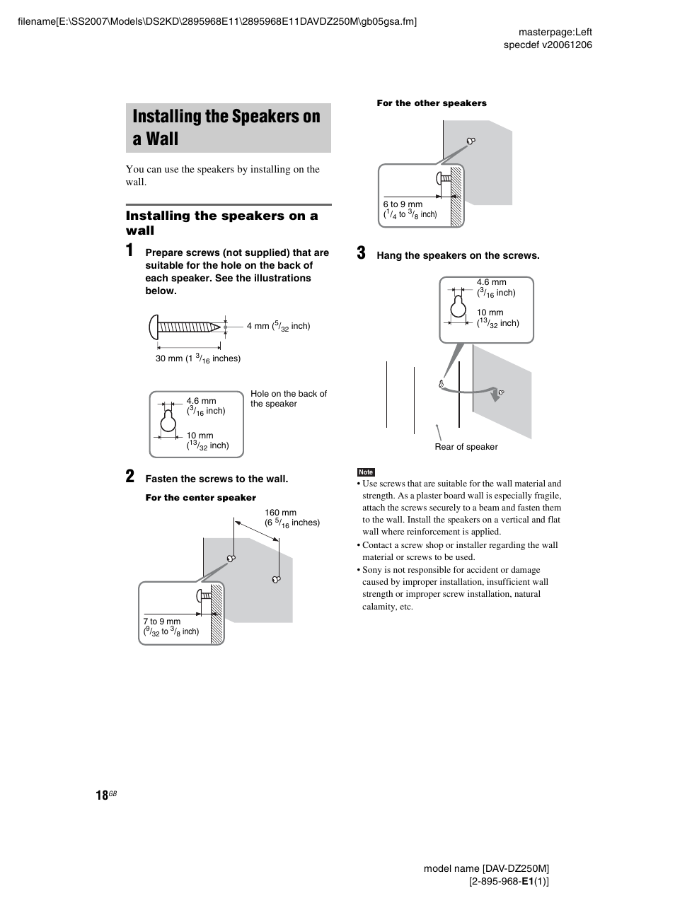 Installing the speakers on a wall | Sony DAV-DZ250M User Manual | Page 18 / 104