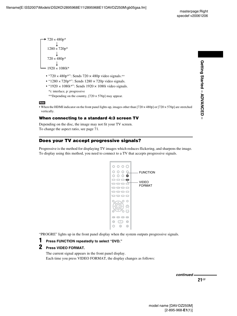 Does your tv accept progressive signals | Sony DAV-DZ250M User Manual | Page 21 / 104